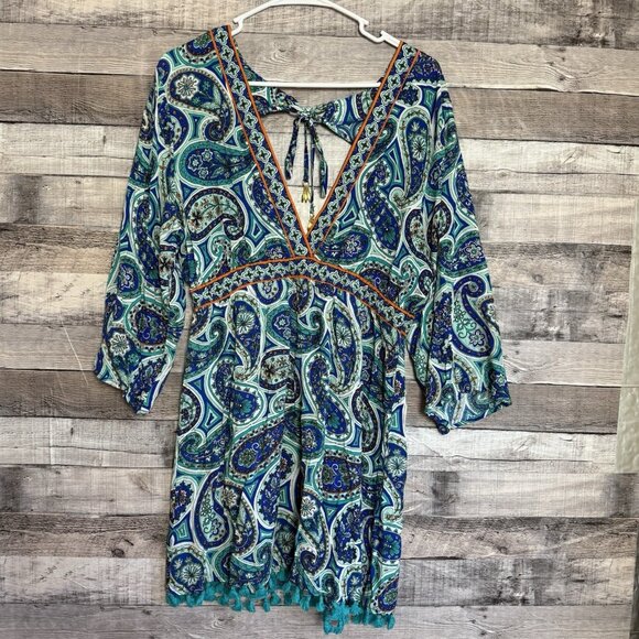 Trina Turk Provence Paisley Key Hole Back Quarter Sleeve Tassel Shirt Cover Up L - Picture 1 of 7